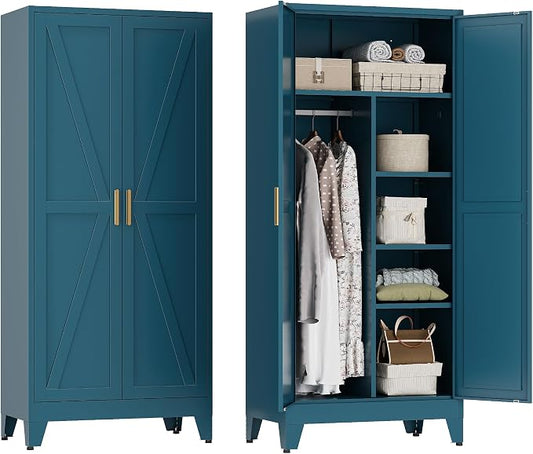 YAUWOH Farmhouse Wardrobe Cabinet,Metal Wardrobe Closet with Hanging Rod,Metal Armoire with Adjustable Shelves for Bedroom,Cloak Room,Office (Blue)