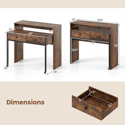 Giantex Small Computer Desk with Hutch & Drawers, Extendable Writing Desk w/Pull Out Secondary Table, Monitor Stand & Rolling Wheels, Console Table, Compact Desk for Small Spaces (Rustic Brown)