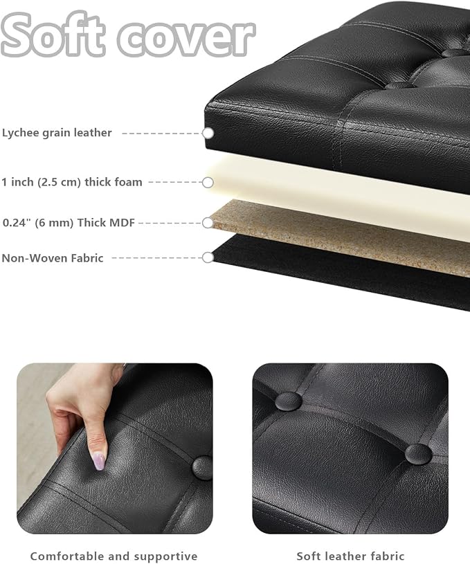 Bsketa 2PC Storage Ottoman, Folding Foot Stool with Thicker Foam Padded Seat Small Leather Storage Ottoman Bench Foot Rest for Living Room Foldable Coffee Table 17x13x13in,Black