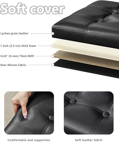 Bsketa 2PC Storage Ottoman, Folding Foot Stool with Thicker Foam Padded Seat Small Leather Storage Ottoman Bench Foot Rest for Living Room Foldable Coffee Table 17x13x13in,Black