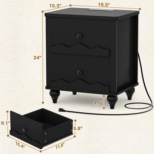 Cyclysio Black Nightstand with Charging Station, Scalloped Bedside Table with 2 Smooth Drawers, Modern End Table with Solid Wood Legs for Bedroom and Small Spaces