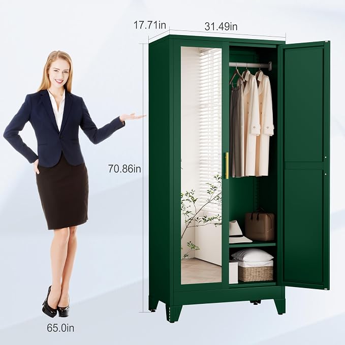 71" Metal Armoire Wardrobe Closet, Steel Clothing Storage Cabinet with Mirror and Adjustable Shelves, Household Steel Wardrobes Storage Cabinet with Adjustable Standing Feet and Hanging Rod（Green）