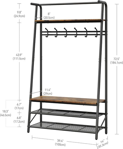 Jojoka Coat Rack Hall Tree with Shoe Storage Bench, 4-in-1 Entryway Organizer with 10 Hooks & 3-Tier Shoe Rack, Sturdy Metal Frame Freestanding Storage Unit for Hallway (Brown-Single Row, 39.4in)