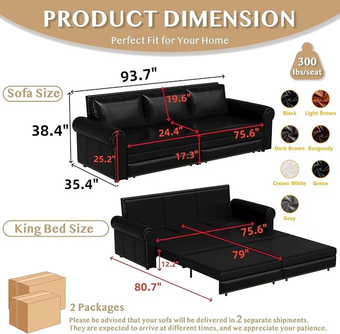 93.7" King Size Sleeper Sofa Bed, Pull Out Sofa Bed, Faux Leather Upholstery, 3 in 1 Convertible Sleeper Couch, Chaise Lounge, Retro Recliner for Living Room, Apartment, Office, Black