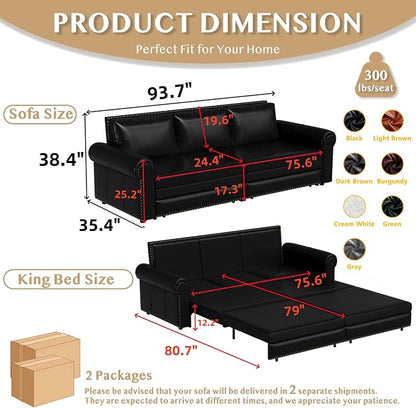 93.7" King Size Sleeper Sofa Bed, Pull Out Sofa Bed, Faux Leather Upholstery, 3 in 1 Convertible Sleeper Couch, Chaise Lounge, Retro Recliner for Living Room, Apartment, Office, Black