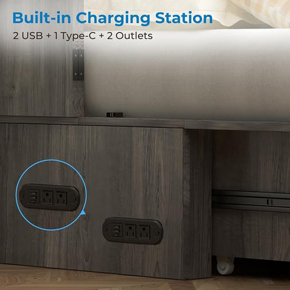 Mjkone 63" W Queen Size Murphy Bed Cabinet with Mattress Include, Modern Guest Cabinet Beds with USB Charging Station, Chest Cabinets Bed with Storage Drawer for Bedroom Home Office, Grey