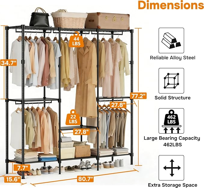 Simple Deluxe Clothes Rack, Heavy Duty Clothing Rack, 4-Shelf Portable Adjustable Wardrobe Closet with Hanging Rods, 80.7" W x 15.5" D x 77.1" H, Black