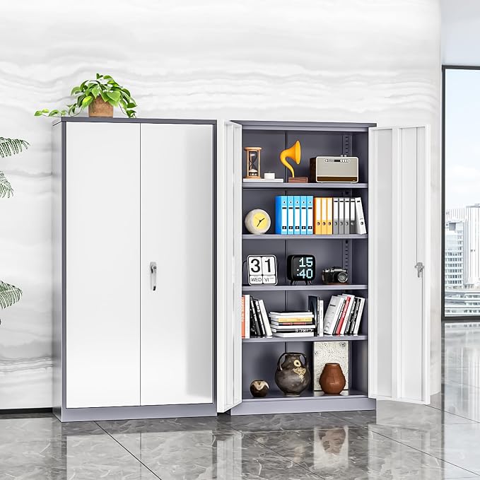 INTERGREAT Metal Storage Cabinet, 72” H Storage Cabinet with 2 Doors and 4 Adjustable Shelves for Office, Home, Garage, Pantry (Assembly Required, Grey White)
