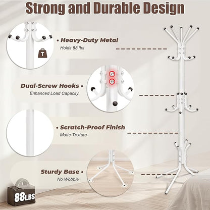 Metal Coat Rack, Freestanding Coat Tree & Hall Tree with 15 Hooks, Sturdy Coat Rack Stand and Hat Rack, Coat Hanger for Entryway, Bedroom, Office for Jackets, Hats, Bags,White