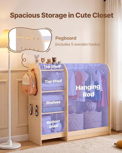 VEVOR Kids Dress Up Storage, with Mirror, Wooden Kids Dress Up Rack, Toddler Wardrobe Closet for Little Girls, Storage Armoire, Costume Organizer, Children Playroom Furniture, for Bedroom, Natural