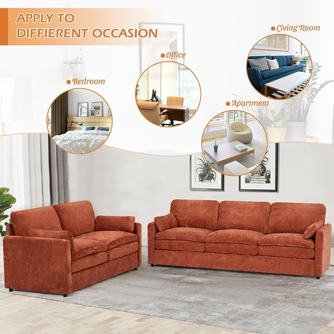 89” Chenille Sofa w/Arm Pillows, Upholstered 3-Seater Sofa w/Comfortable Back Cushions, Modern 3 Seats Couch w/High-Density Foam for Living Room, Apartment, Office, Orange