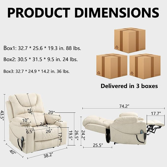 FUNECORP Large Power Lift Recliner Chair Sofa with Massage and Heat for Big and Tall Elderly,Infinite Positions,Dual Motor,Cup Holders,Extended Footrest,Velvet Home Theater Seat