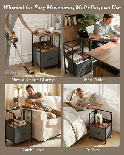 Faesun Swivel Lift Top Nightstand with Charging Station, Rolling Side Table for Recliner, Bedside Table with Wheels & a Fabric Drawer, for Small Spaces, for Bedroom, Living Room, Walnut Gray