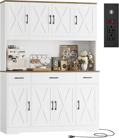 HOSTACK 71" Large Pantry Cabinet with Charging Station, 55" Wide Kitchen Pantry Storage with Drawers and Power Outlet, Tall Kitchen Hutch with Countertop for Kitchen, White