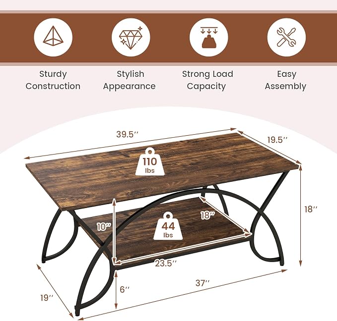 Giantex 2-Tier Rectangular Coffee Table, Wood Grain Table with Open Storage Shelf, Black Finished Metal Frame, Industrial Center Table for Living Room, Reception Room (Coffee)