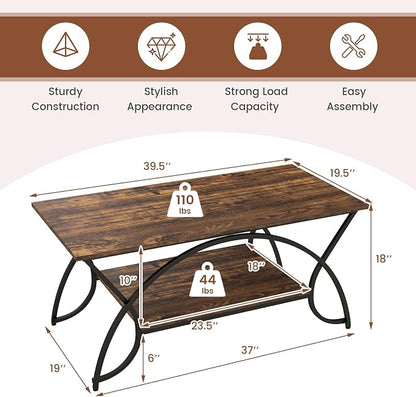Giantex 2-Tier Rectangular Coffee Table, Wood Grain Table with Open Storage Shelf, Black Finished Metal Frame, Industrial Center Table for Living Room, Reception Room (Coffee)