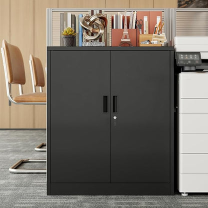 BESFUR Metal Garage Storage Cabinet with 2 Locking Doors and 2 Adjustable Shelves, 36" Black Metal Short Storage Cabinet for Home Office,Garage,School,Utility Room