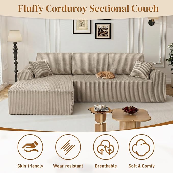 110" L Shaped Boneless Sectional Couches for Living Room, Comfy Corduroy Floor Cloud Sofa with Chaise, Wide Armrest, Deep Seat, Memory Foam, Assembly Free, Ideal for Small Spaces, Brown