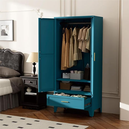 Blue Metal Wardrobe Closet for Bedroom, 71" Freestanding Armoire Wardrobe with Drawer and Shelf, Hanging Rod Clothing Storage Cabinet with Two Doors, Tall Farmhouse Clothes Cabinet Bedroom Armoires