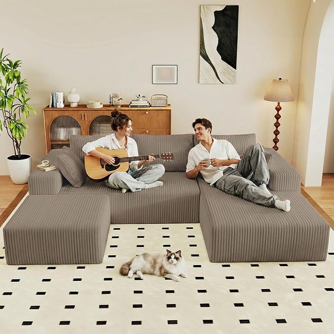 95" Cloud Sectional Couch U-Shaped Chaise with Ottoman, Corduroy Boneless Couch for Living Room Bedroom, Deep-Seat Upholstered Modular Cloud Sofa, No Assembly Required (Camel, Right Facing Chaise)