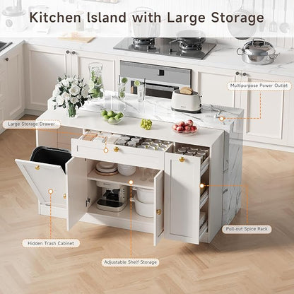 ONBRILL 63" Kitchen Island with Storage, Island Table with Power Outlet & Trash Cabinet, Kitchen Island with Marble Countertop for Kitchen, Dining Room, Living Room, White