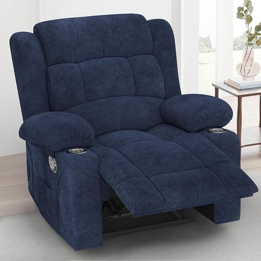 New Recliner Chair for Adults, Oversized Fabric Loveseat Recliner, Manual Pull Tab Reclining Chair with Cup Holders, Minimalist Style Single Sofa for Living Room, RV (Blue)