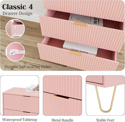 Masupu 4 Drawer Dresser, Drawer Chest, Tall Storage Dresser Chest Cabinet Organizer Unit with Gold Metal Legs, Nightstand for Bedroom, Living Room, Closet, Hallway Pink Stripe