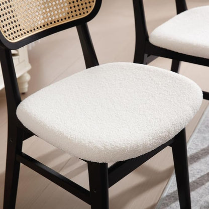 ROCITY Black Rattan Dining Chairs Set of 6 Sherpa Dining Room Chairs Natural Wooden Kitchen Chairs Farmhouse Boho