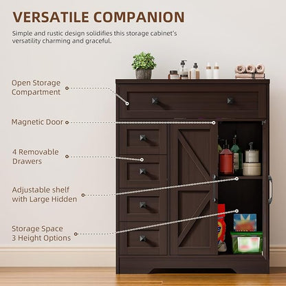Vabches Farmhouse Storage Cabinet with 2 Doors and 5 Drawers, Freestanding Bathroom Cabinets Kitchen Pantry, Floor Storage Cabinet Hutch Cupboard for Living Room/Bathroom/Kitchen.（Espresso