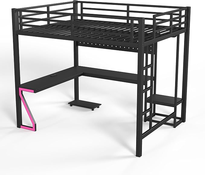 Bellemave Queen Size Loft Bed with Desk and USB Ports, Computer Tray, Peg Board LED, Metal Full Loft Bed Frame for Adults, Kids, Teens, Black