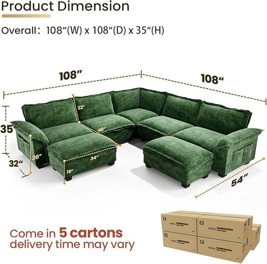 KKL Large V-Shaped Modular Sectional Sofa, 7 Seater Cloud Couch with Ottoman, Chenille Sectional Couches for Living Room, Apartment, Green