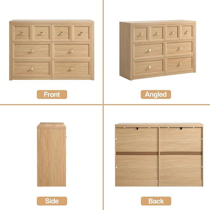 6 Drawers Dresser for Bedroom-46.5" Wide Wooden Chest of Drawers with Large Storage, Long Dresser TV Stand with Drawers, Farmhouse Closet Dressers for Living Room Bedroom, Natural