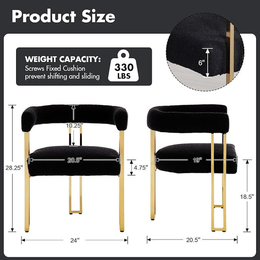 Hyfirm Set of 4 Modern Black Boucle Dining Chairs with Gold Metal Legs, Mid Century Accent Upholstered Barrel Armchairs with Open-Back for Kitchen, Dining Room, Living Room, Apartment