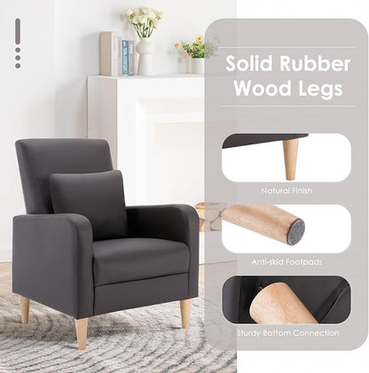 COLAMY Mid-Century Modern Accent Chair, Faux Leather Upholstered Living Room Chair with Back Pillow & Solid Wood Legs, Comfy Armchair for Living Room, Bedroom, Single Sofa, Dark Brown