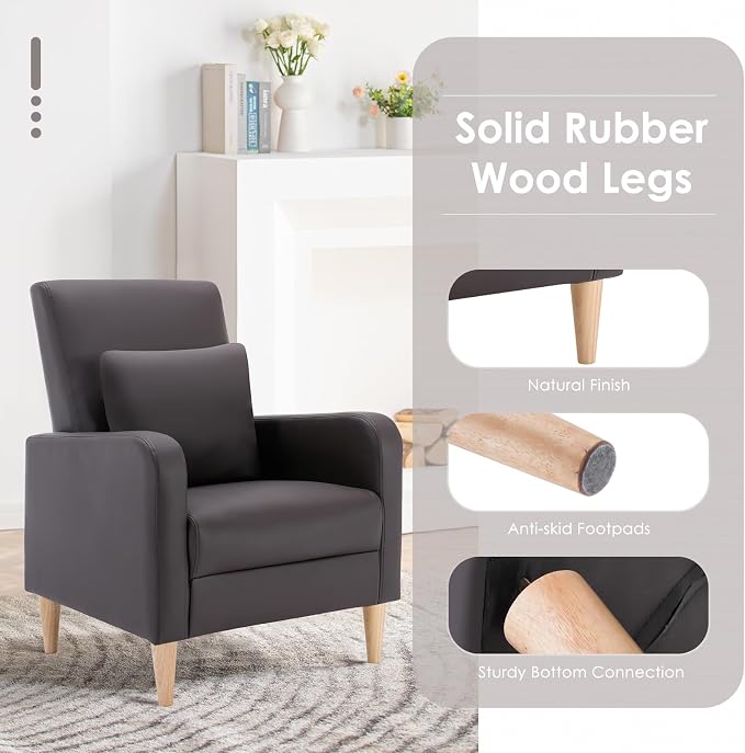 COLAMY Mid-Century Modern Accent Chairs Set of 2, Faux Leather Upholstered Living Room Chairs with Back Pillow & Solid Wood Legs, Comfy Armchair for Living Room, Bedroom, Single Sofa, Dark Brown