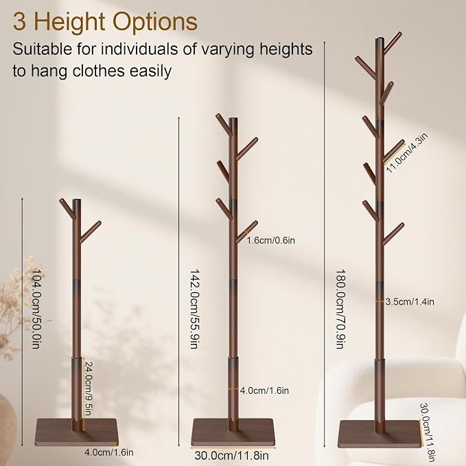 Coat Rack Freestanding with Stable Square Base, Entryway Furniture with 3 Adjustable Sizes and 8 Hooks, Used in Bedroom, Office and Hallway, Brown