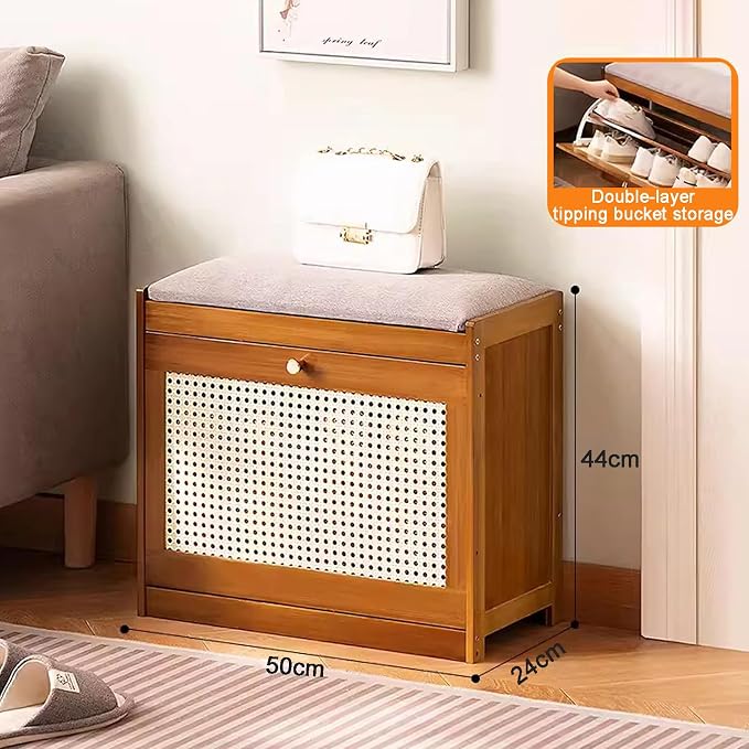 Entryway Storage Bench with Cushioned Seat Shoe Rack, 2-Tier Wooden Shoe Organizer Cabinet for Closet, Entryway, Hallway, Bedroom (Brown-50 x 24 x 44 cm