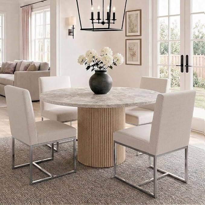 HNY Modern Dining Chairs Set of 4, Upholstered Linen Dining Room Chairs with Ergonomic Back & Polished Silver Metal Frame for Home, Kitchen, Apartment, Cream