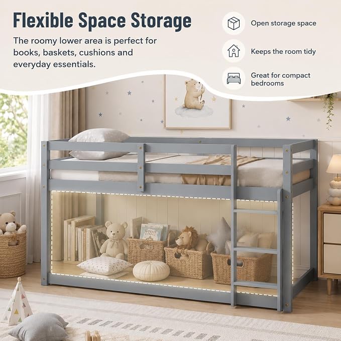 Twin Over Twin Bunk Bed, Low Profile Wooden Frame for Kids Bedroom, Floor Bunk with Ladder and Guardrails, Rubber Wood Construction, 13 Plywood Slats, No Box Spring Needed (Grey)