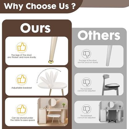 Vanity Chair with Adjustable Backrest, Velvet Upholstery Armless Makeup Stool, White Vanity Stool with Gold Metal Legs for Bedroom Living Room Kitchen Dinning Room (Velvet White)