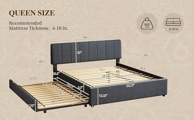 Queen Size Upholstered Platform Bed with Pull-Out Trundle Bed | Twin Size Trundle, LED Lighting Controlled by APP, USB+Type-C Charging Ports, Linen Upholstered Bed Frame,Dark Grey