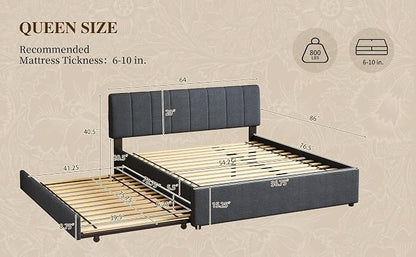 Queen Size Upholstered Platform Bed with Pull-Out Trundle Bed | Twin Size Trundle, LED Lighting Controlled by APP, USB+Type-C Charging Ports, Linen Upholstered Bed Frame,Dark Grey
