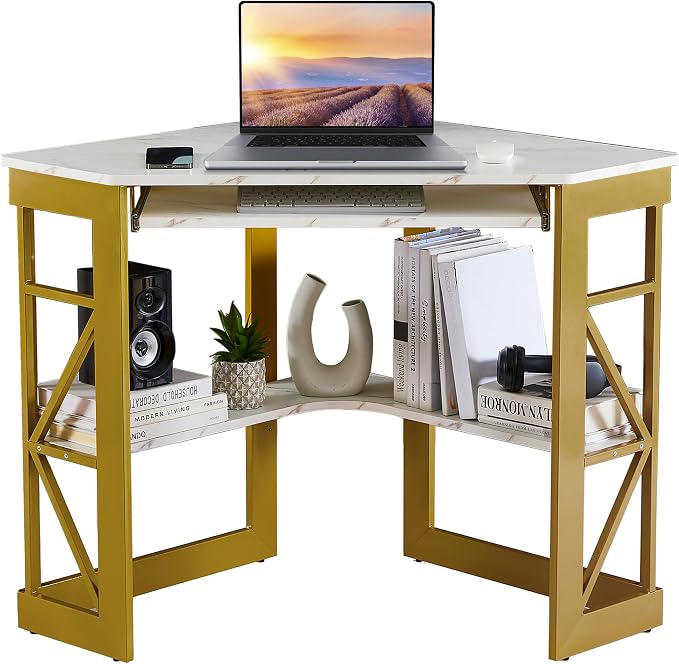 VECELO Corner Computer Desk 41 x 30 inches with Smooth Keyboard & Storage Shelves for Home Office Workstation,White & Gold