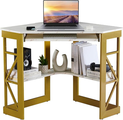 VECELO Corner Computer Desk 41 x 30 inches with Smooth Keyboard & Storage Shelves for Home Office Workstation,White & Gold