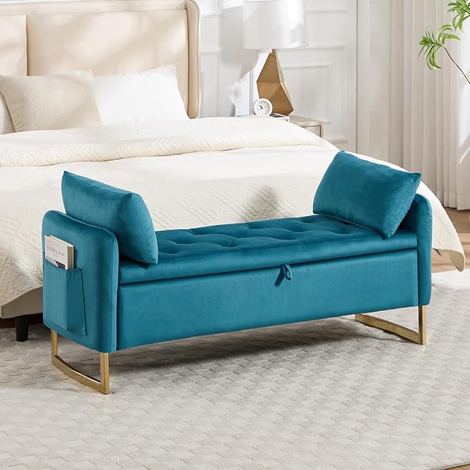 48" End of Bed Bench, Modern Storage Benches with Button-Tufted, Velvet Upholstered Storage Ottoman Bench for Foot of Bed with Arms, Gold Legs Window and Entryway, Vintage Green