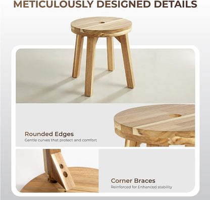 ARROWSTONE Wooden Round Stool 12 inches with Handle Hole – Solid Wood for Bathroom, Kitchen, Patio, Makeup stools & Indoor uses, Compact & Water-Resistant