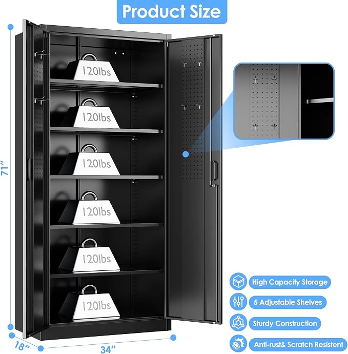 SUXXAN Metal Storage Cabinet with Pegboard 71'' x 34'' x 18'',Lockable Steel Storage Cabinet with 5 Adjustable Shelves and Door for Garage, Office, Kitchen, Assembly Required(Black)