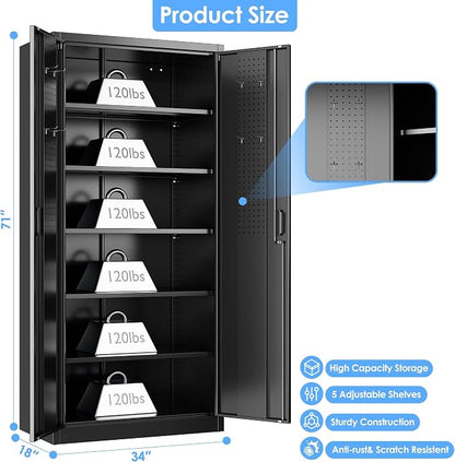 SUXXAN Metal Storage Cabinet with Pegboard 71'' x 34'' x 18'',Lockable Steel Storage Cabinet with 5 Adjustable Shelves and Door for Garage, Office, Kitchen, Assembly Required(Black)
