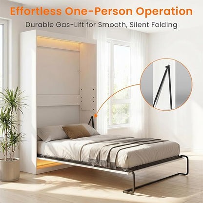 CECER Queen Vertical Murphy Wall Bed，Space Saving for Offices/Guest-White | Durable Gas-Lift for smooth folding，16 Color Controllable LED Lights，Sturdy frame ＆ Easy Assemble