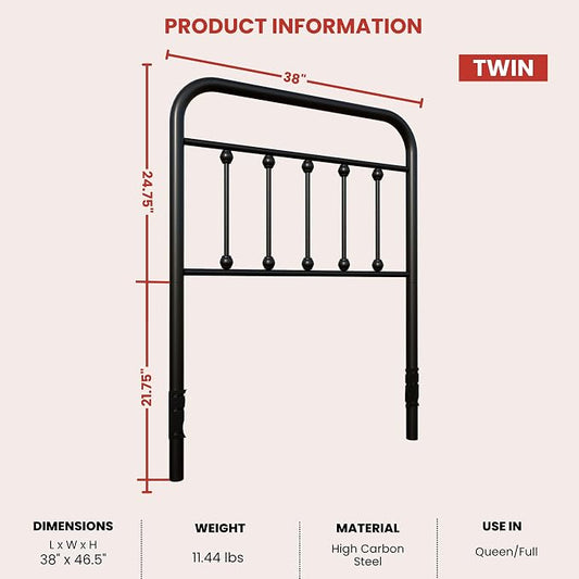 Vintage Twin Size Metal Bed Frame Height Adjustable Headboard Only, Wrought Iron Black Farmhouse Bed Frame Headboard, Easy Assembly, Short Clearance, Tall or Low Setting